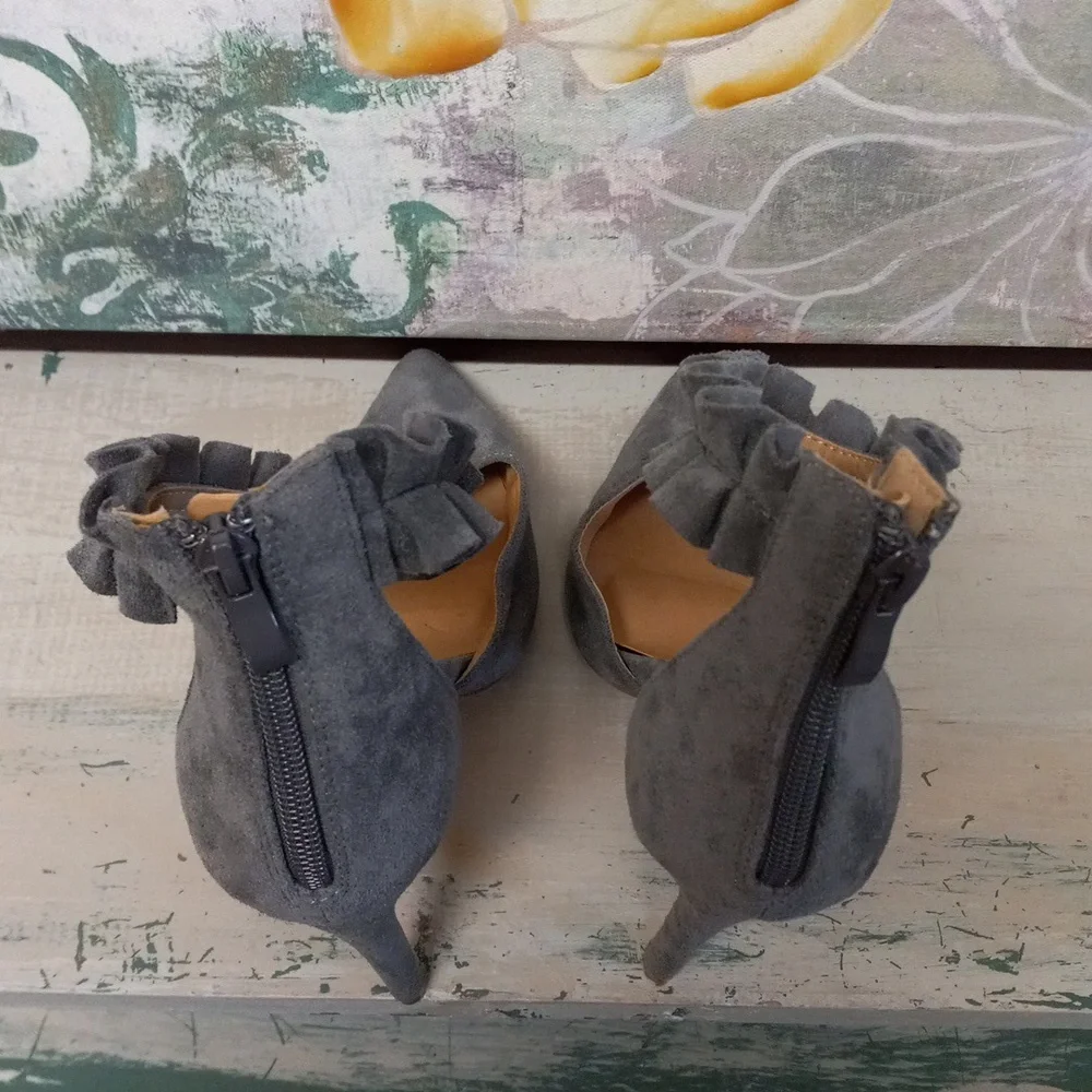 Charlotte Russe Gray, Pointed Toe, Ruffle Strap, Zip Back Heels - Picture 13 of 15